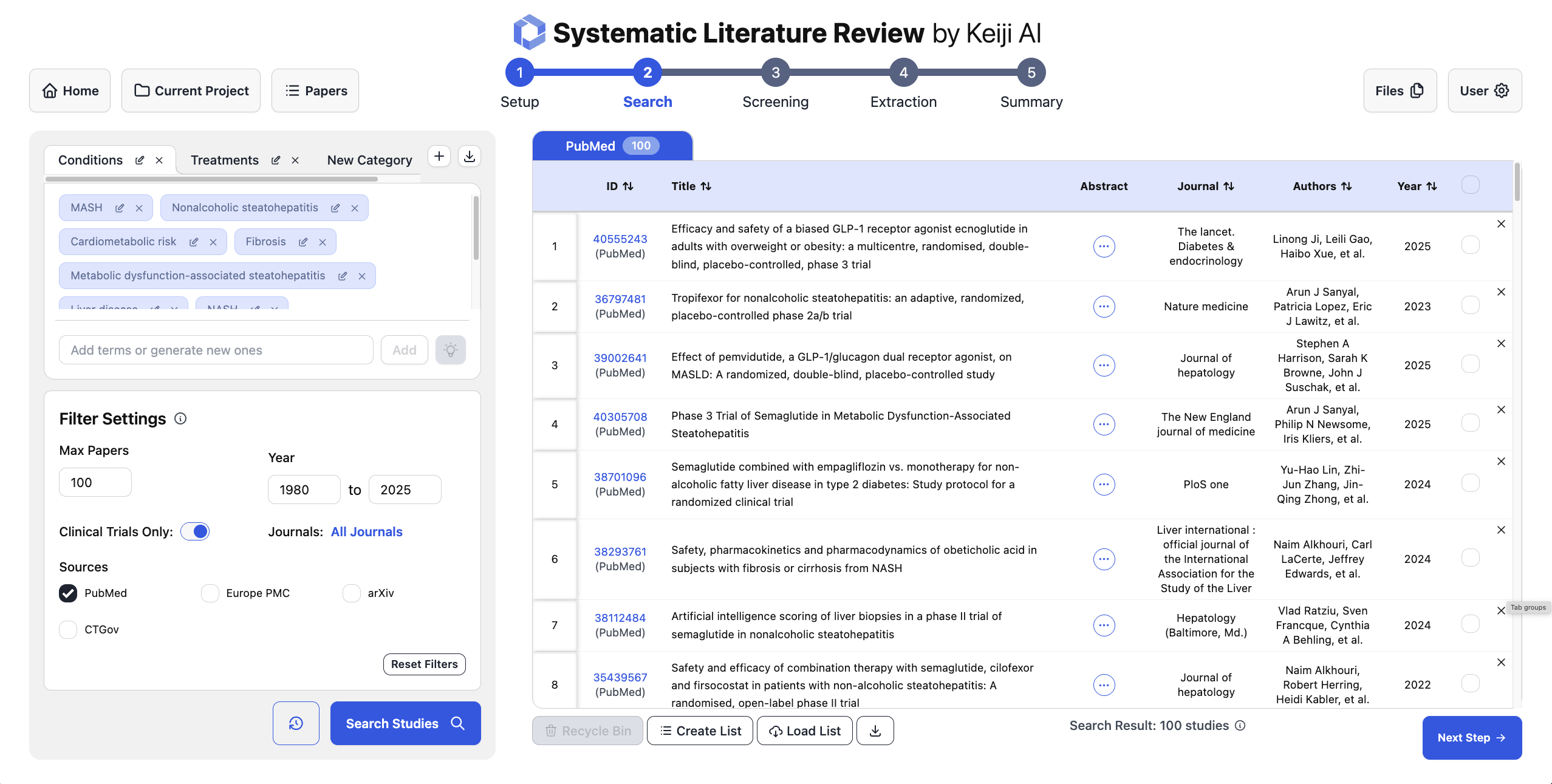 Literature search stage of TrialMind-SLR pipeline