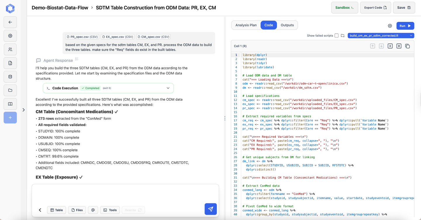 PR, EX, and CM SDTM domains built from uploaded specs, with the generated R code shown alongside